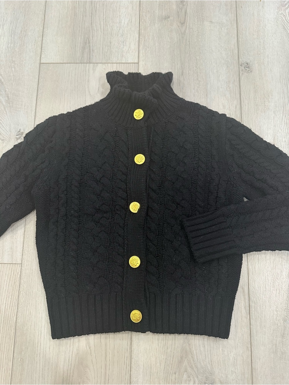 J.Crew Cable Knit Ruffleneck Cardigan Black Gold Buttons XS NWT